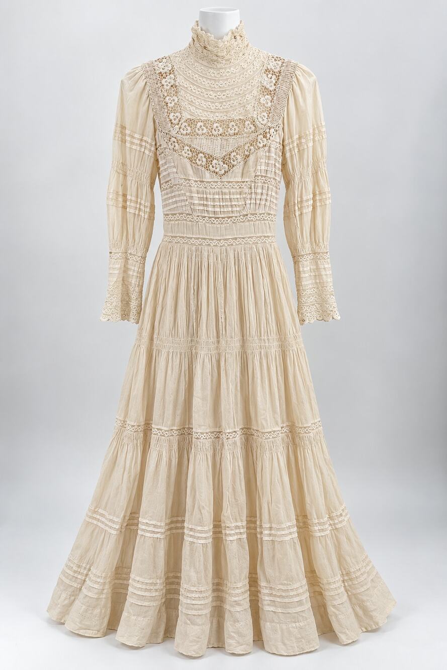 Antique Edwardian Lace Embroidered Cotton Dress Unfinished Sewing Project Womens